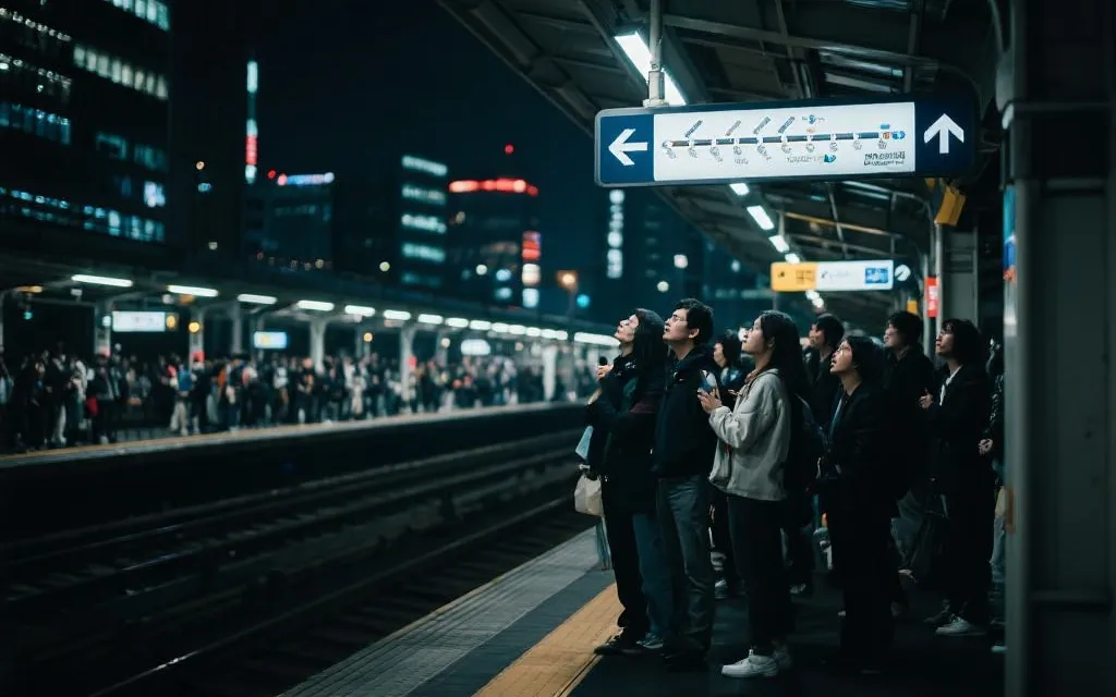 比赛日出行：球迷在夜间城市公共交通站台查看线路与手机行程