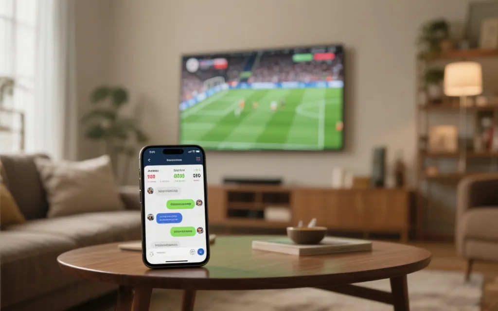 手机放在茶几上显示实时比赛数据与群聊互动，背景是客厅大屏播放足球决赛，暖色灯光，真实生活方式摄影